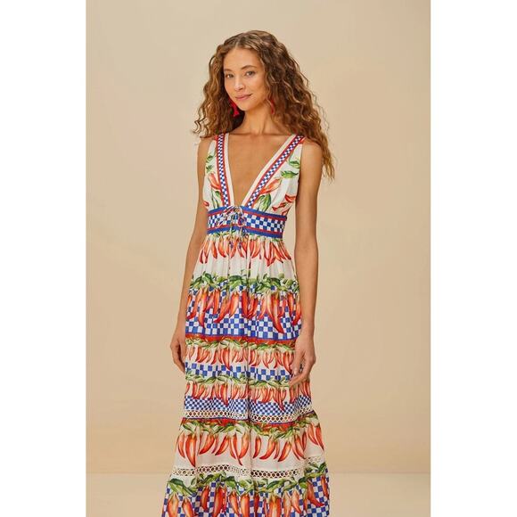 FARM Rio Dresses & Skirts - Farm Rio Pepper Print Maxi Dress V Neck Sleeveless Tiered Ruffle XL